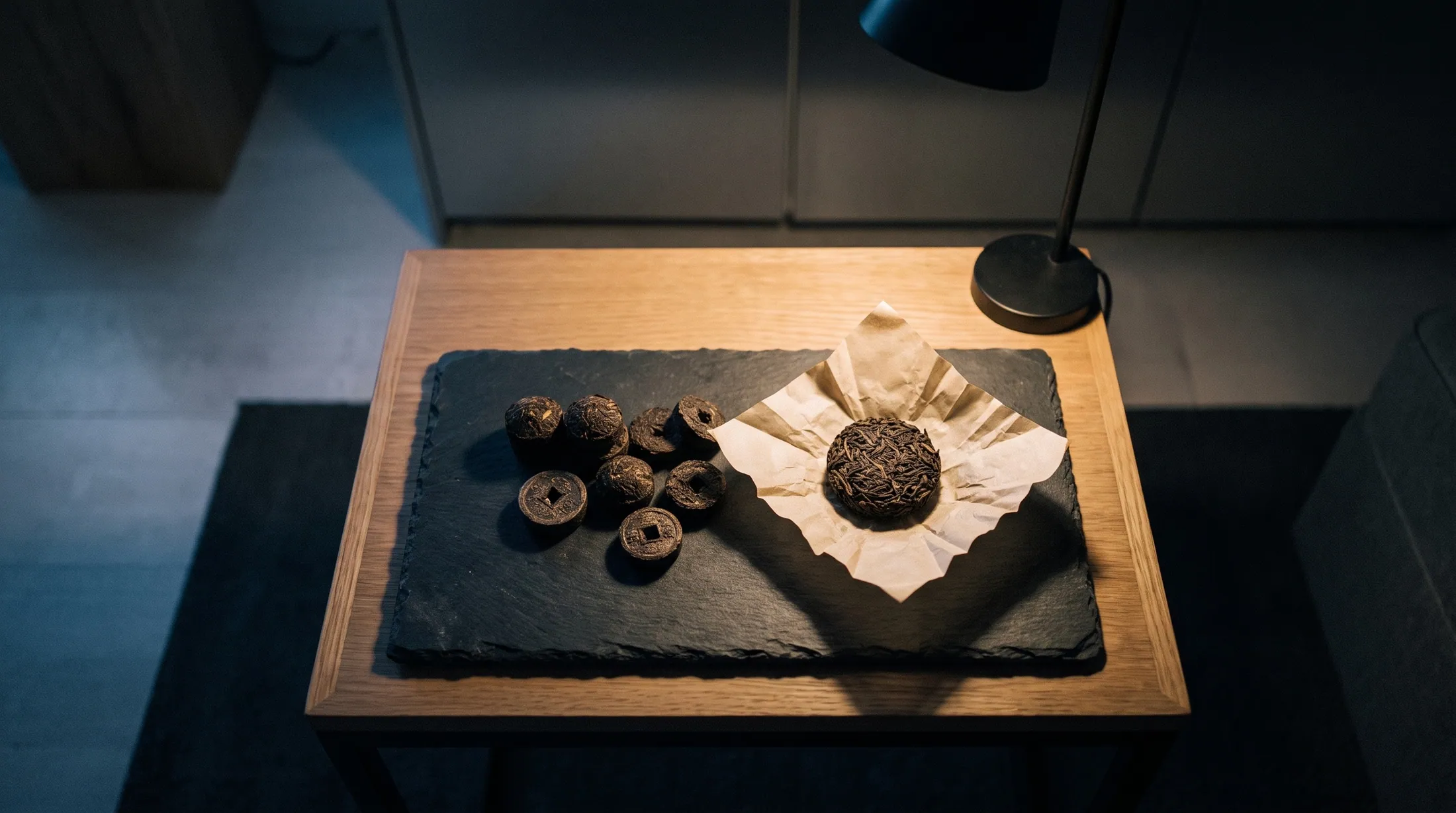 Small mini tuocha nests and pressed pu-erh coins on a black slate tray, one nest unwrapped.