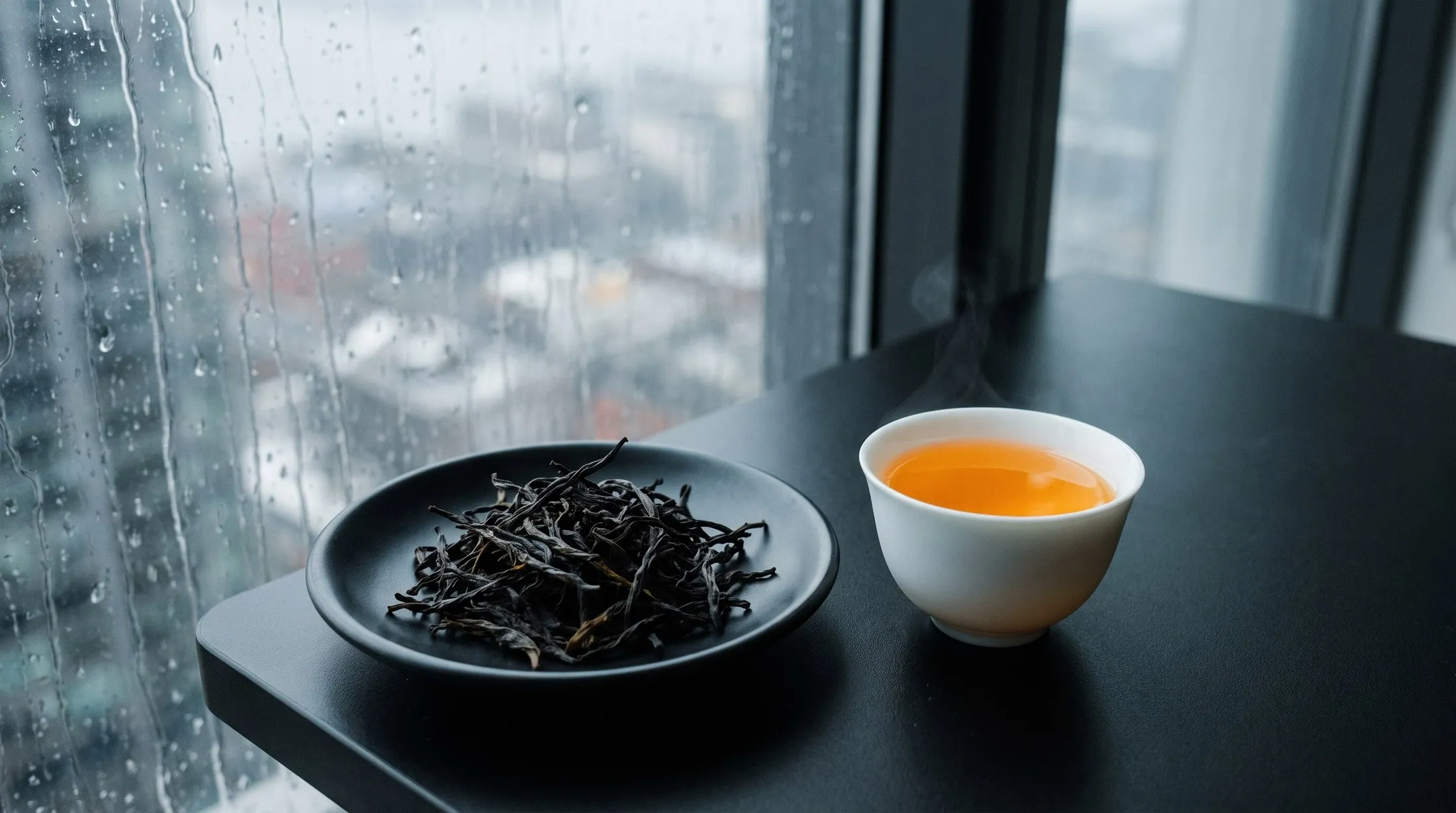 Long dark twisted Mi Lan Xiang oolong leaves beside a small cup of orange-gold tea.